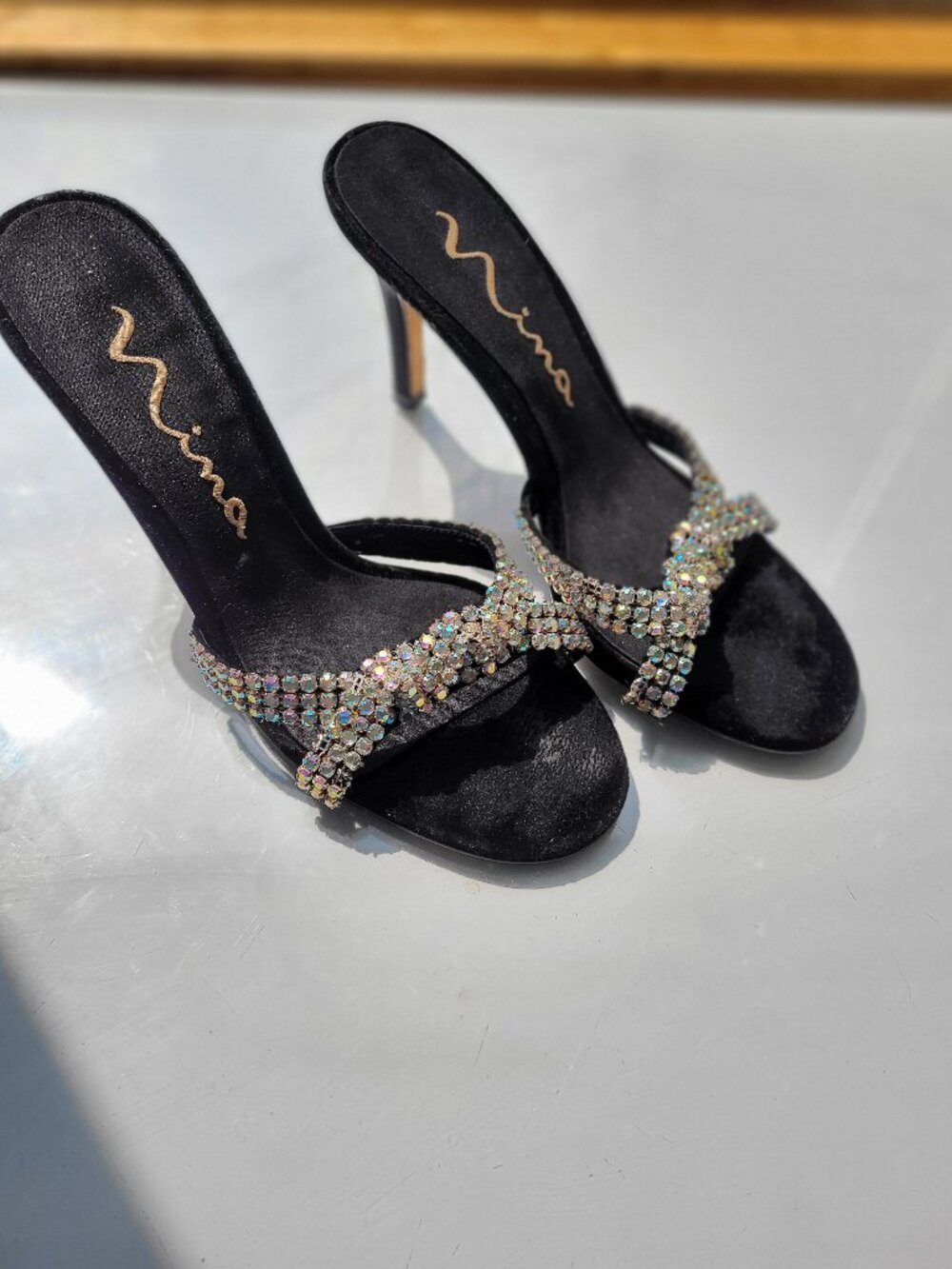Nina Aurora Borealis Crystal Embellished Black Velvet Mules Size 8.5